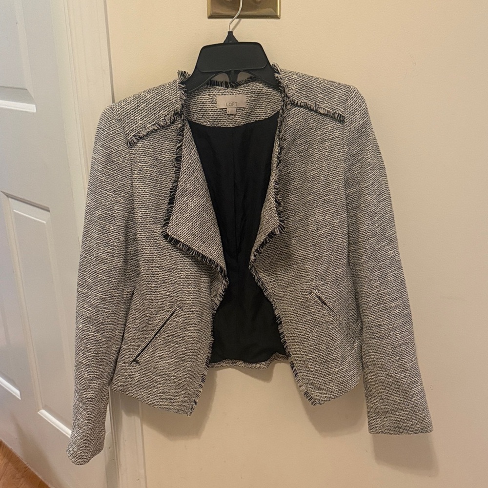 LOFT Black and White Textured Blazer with Fringe